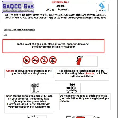 SAQCC Certificate of Conformity for Gas Installations — LP Gas Domestic — Cert No. 11803